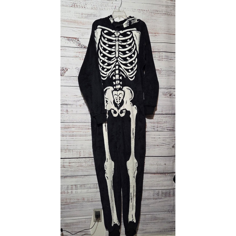 Mad Engine Skeleton Fleece Union Suit Hooded Pajamas Black XL